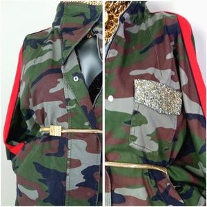 ZARA Basic Outerwear Camouflage Army Fatigue with Red Stripes Grunge Jacket